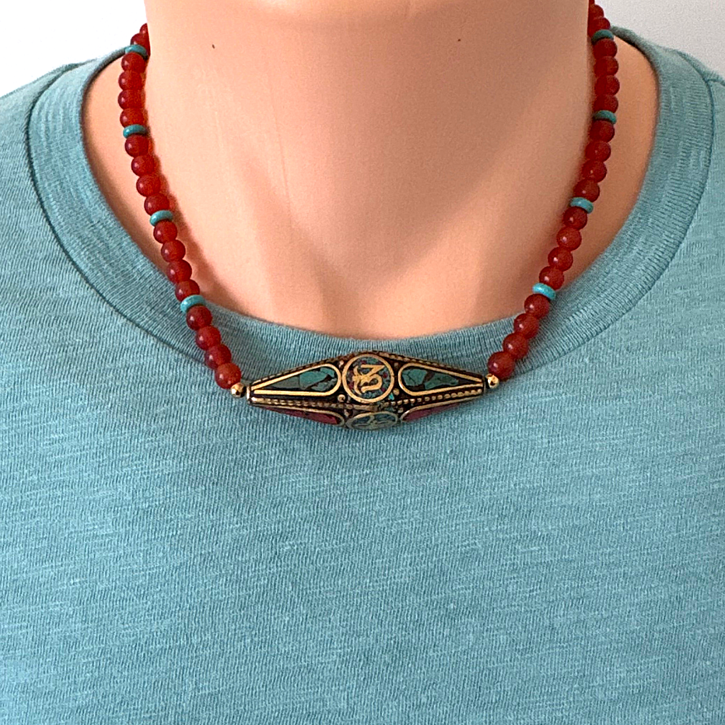 Mens Matte Carnelian and Turquoise Howlite Beaded Necklace With Metal Focal Bead