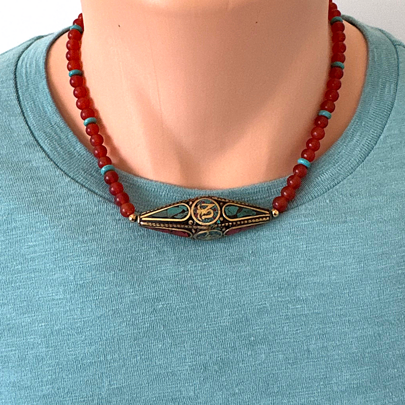 Mens Matte Carnelian and Turquoise Howlite Beaded Necklace With Metal Focal Bead
