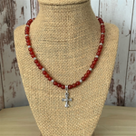 Carnelian Mens Beaded Necklace with Silver Cross Charm
