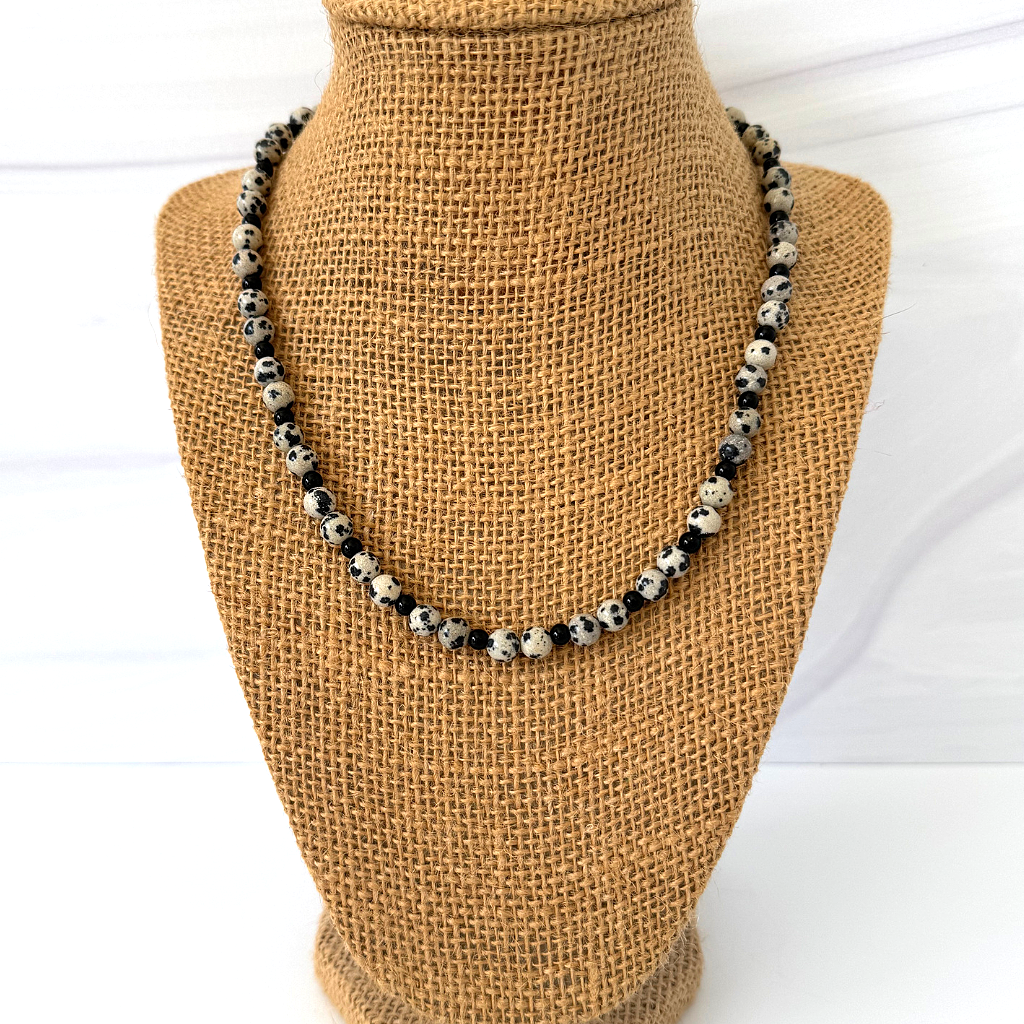 Mens 6mm Dalmation and Black Onyx Beaded Necklace.