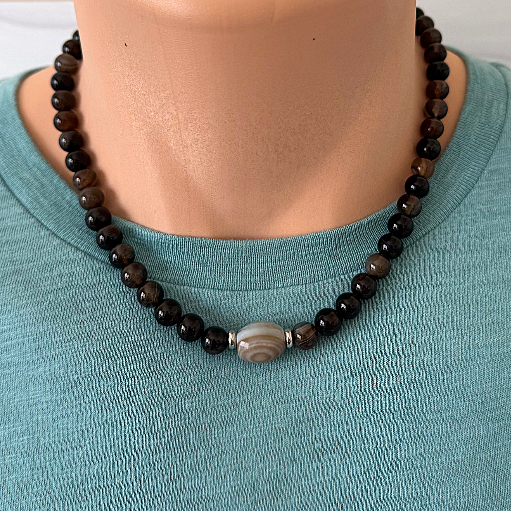 Mens Dark Brown and Striped Agate Beaded Necklace