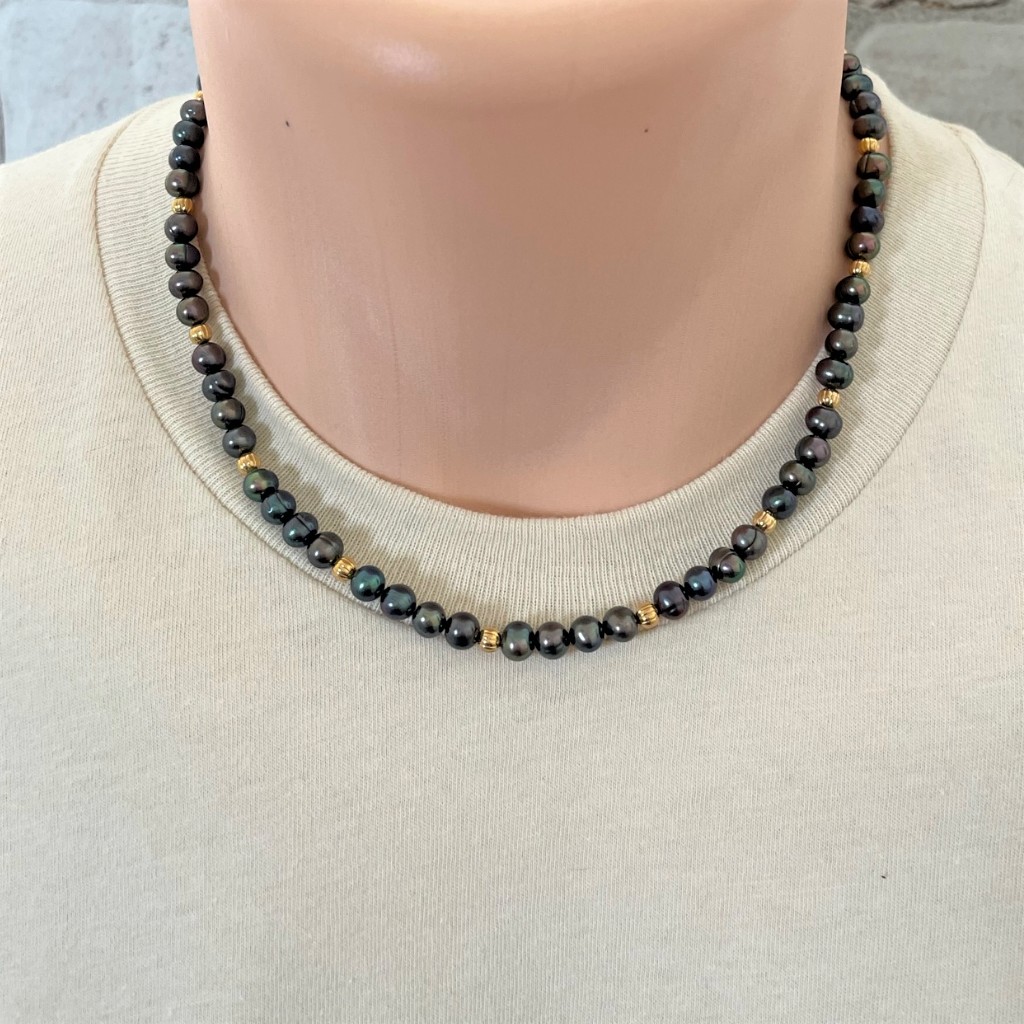 Mens Dark Peacock Potato Pearl Beaded Necklace