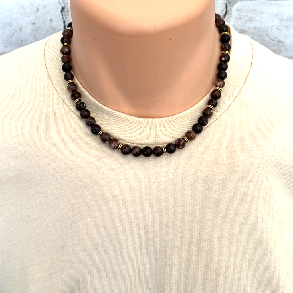 Mens Espresso and Gold Beaded Necklace