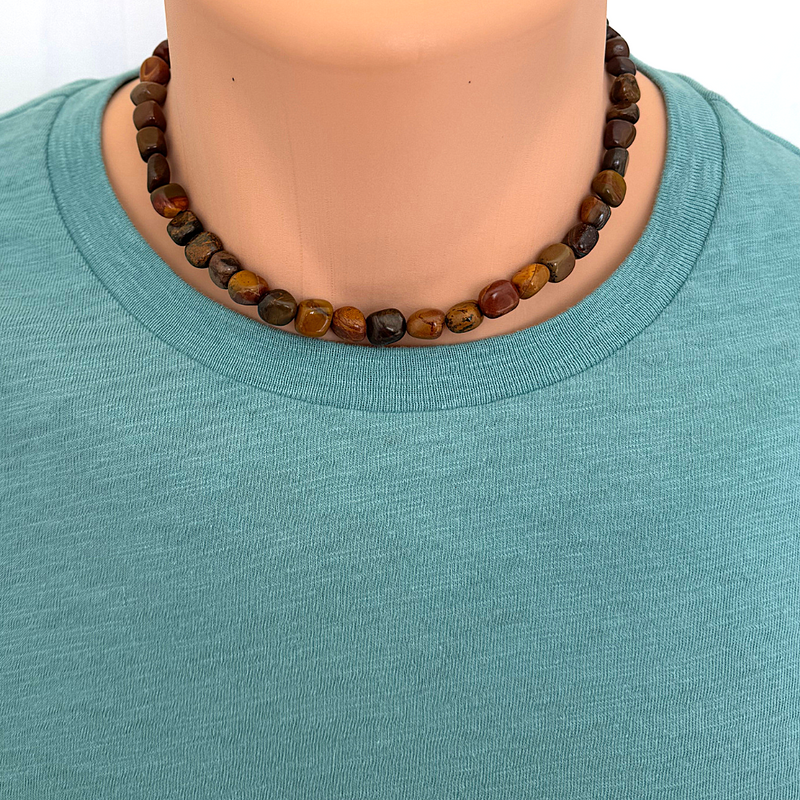 Mens Golden Wooden Jasper Nugget Beaded Necklace 16"