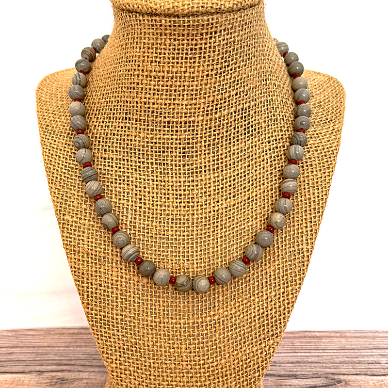 Mens Gray and Red Agate 18" Beaded Necklace