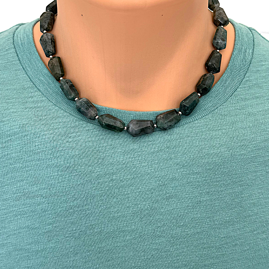 Mens Green Moss Agate Geometric Beaded Necklace 18"