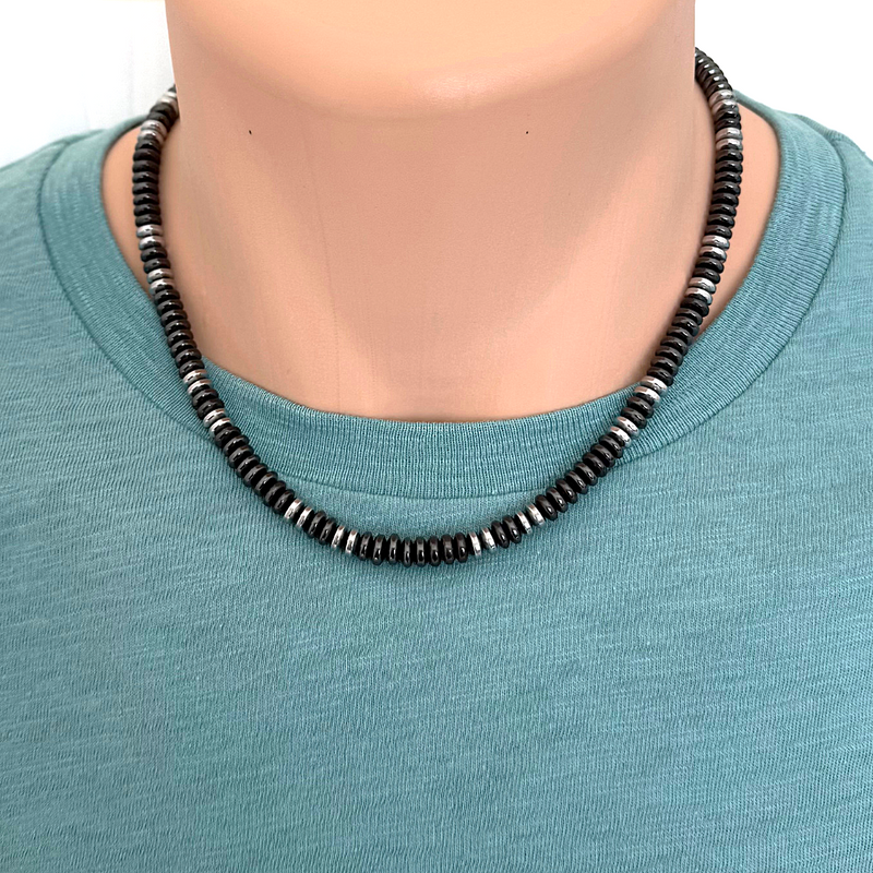 Mens Gunmetal and Silver Hematite Rondelle Beaded Necklace 18" 6mm