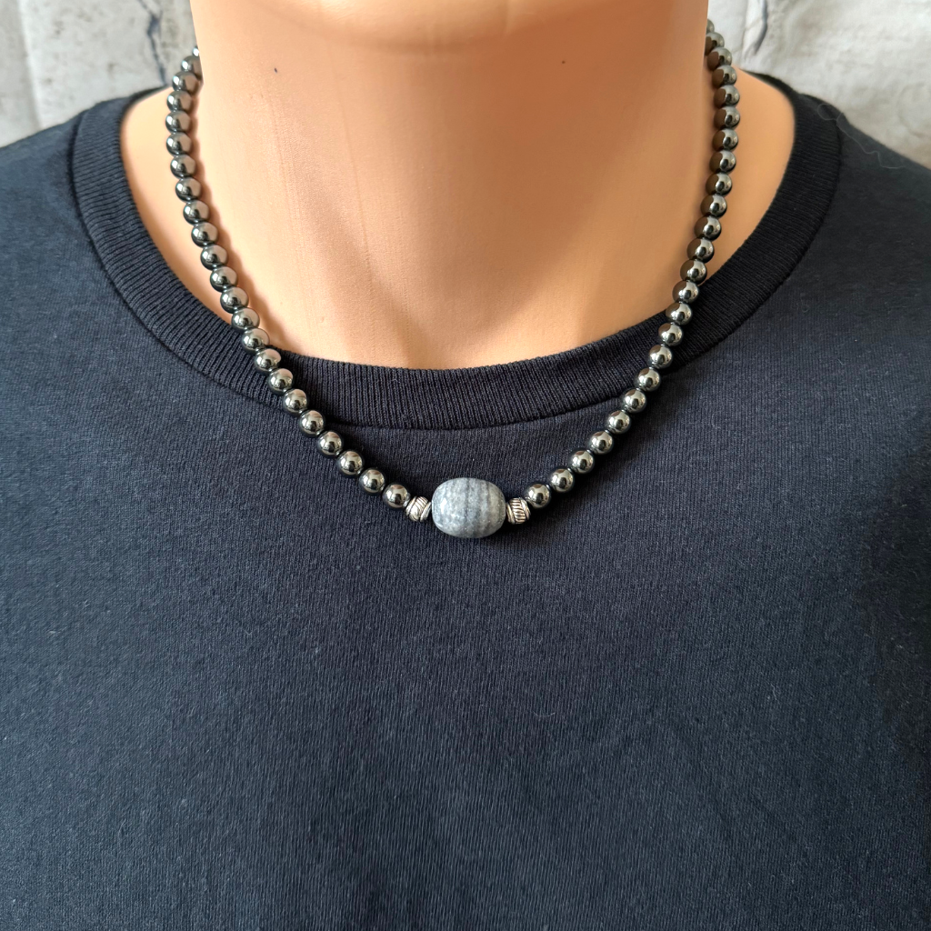 Mens Hematite and Gray Marble Necklace