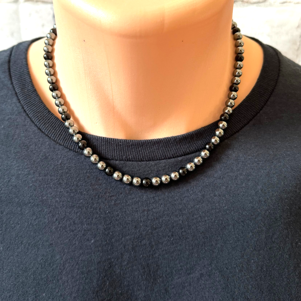 Hematite and Black Onyx Mens Beaded Necklace