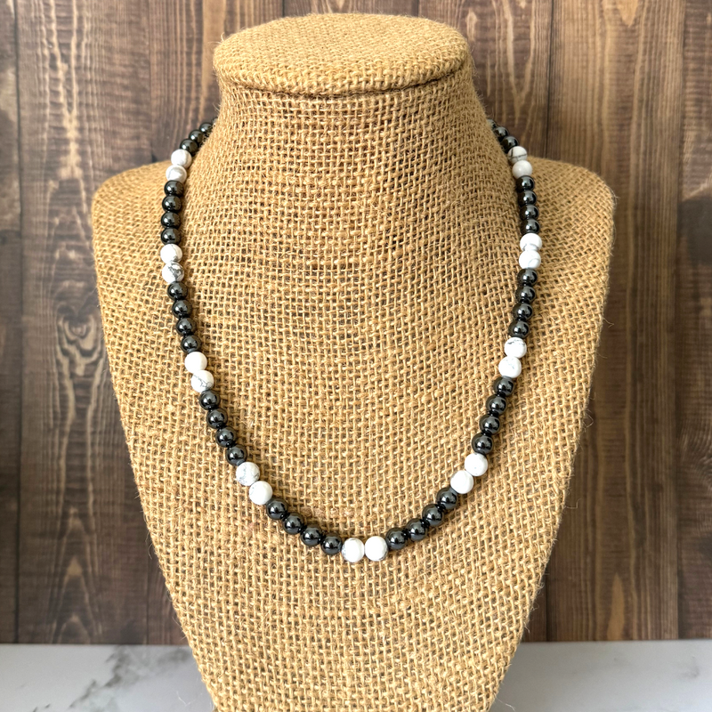 Mens Hematite and Howlite Beaded Necklace, White 20", 22"