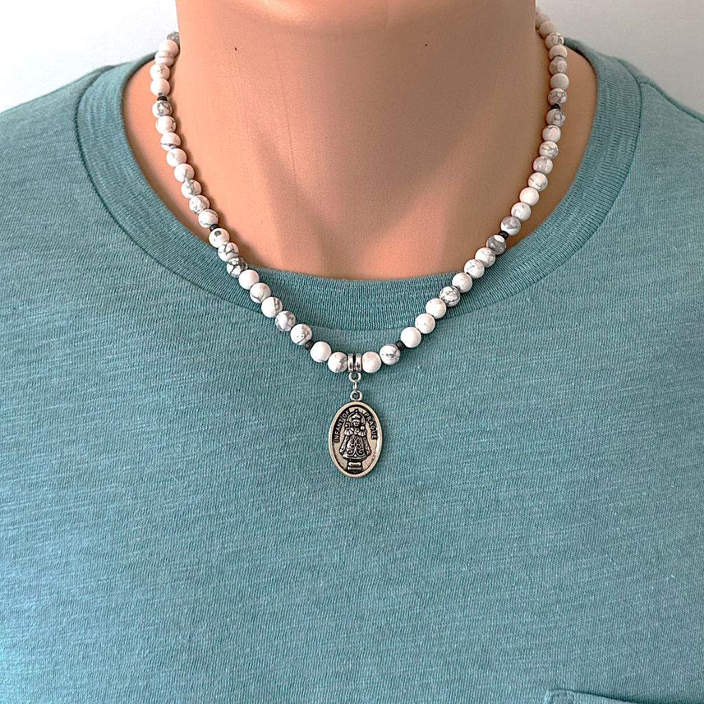 Mens 6mm White Howlite and Hematite Infant of Prague Beaded Necklace