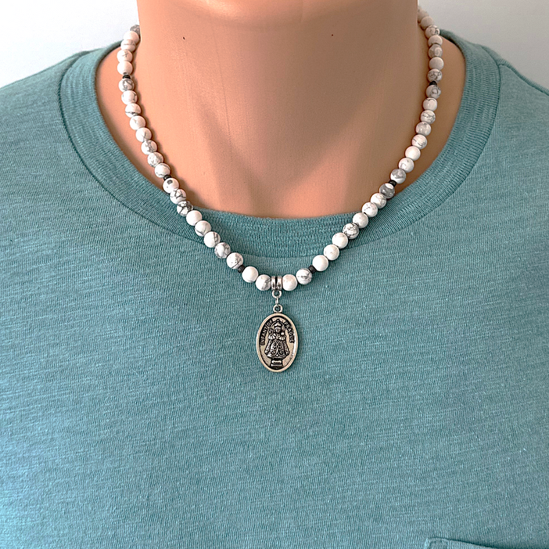 Mens 6mm White Howlite and Hematite Infant of Prague Beaded Necklace