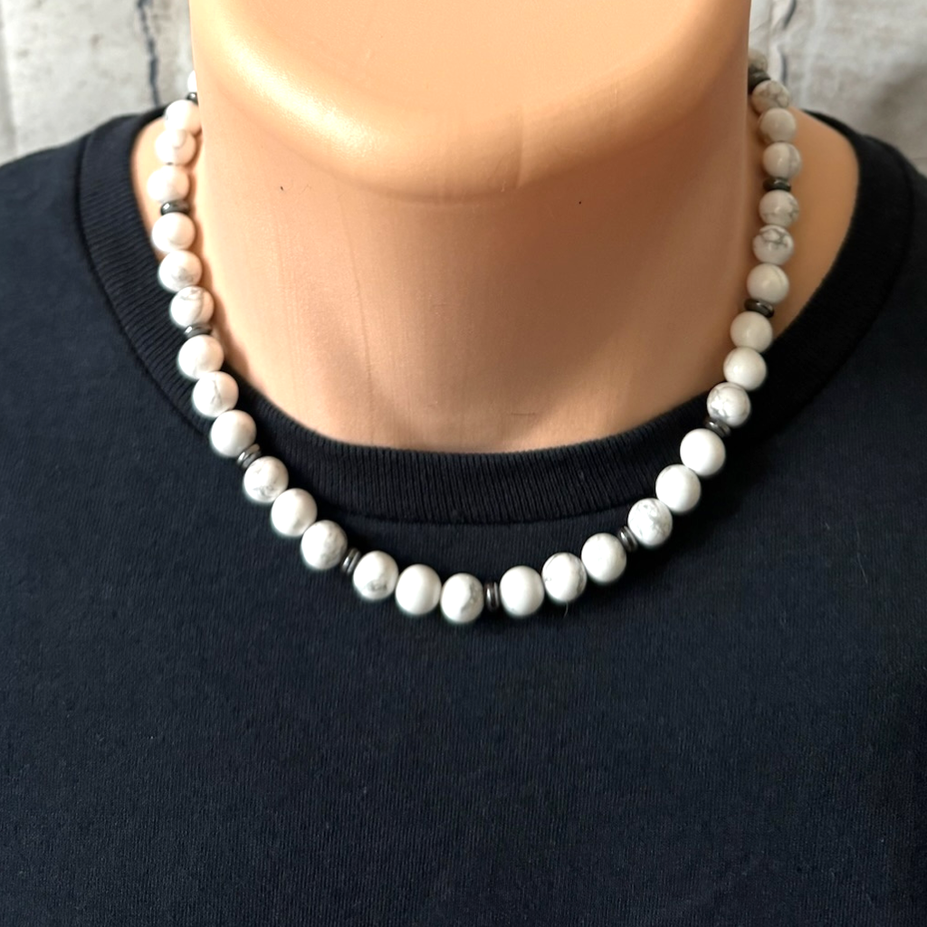 Men's White and Gray Howlite and Black Hematite Beaded Necklace