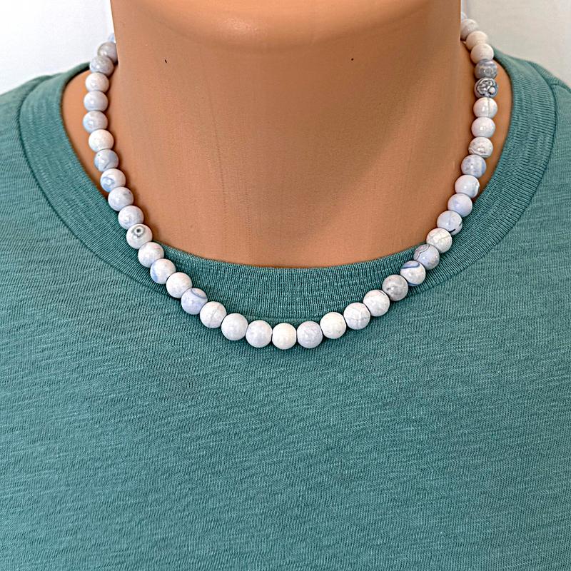 Mens White and Blue Agate Beaded Necklace