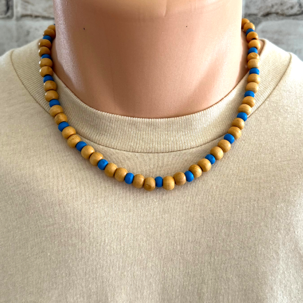 Light Brown and Turquoise Blue Wood Mens Beaded Necklace