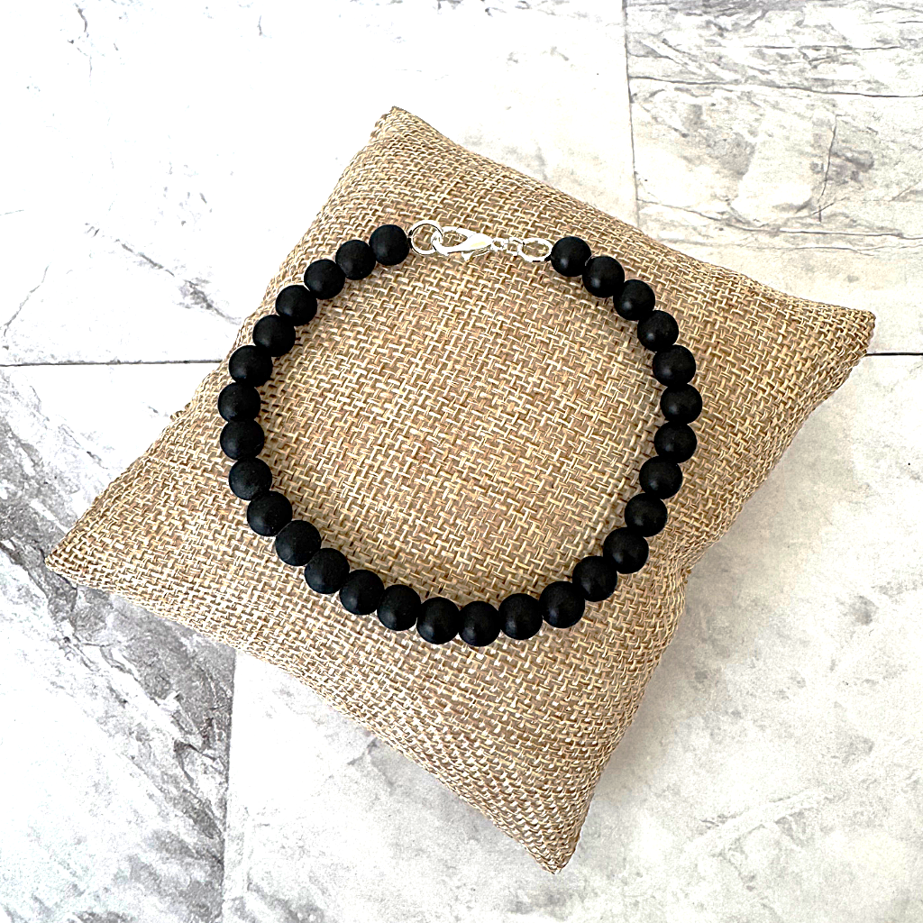 Mens Matte Black Onyx 6mm Beaded Bracelet in 8" to 9".