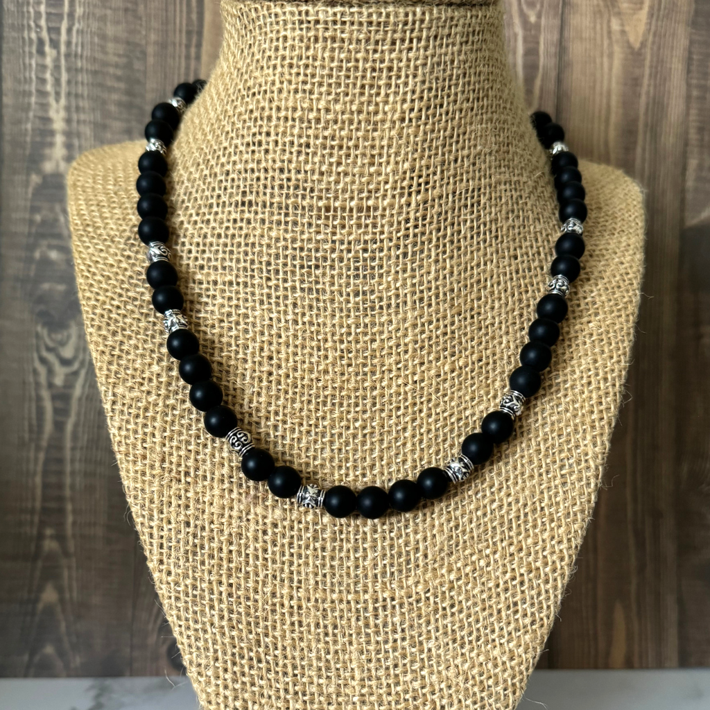 Matte Black Onyx and Silver Beaded Mens Necklace