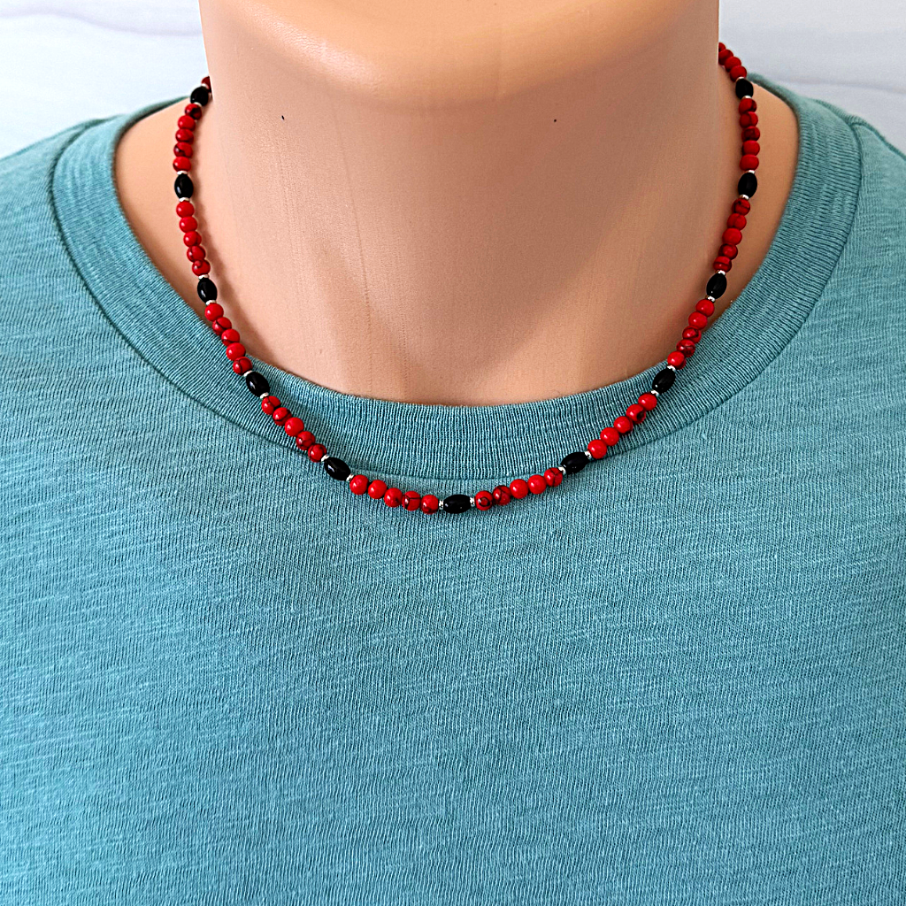 Mens Red Howlite and Black Onyx Barrel 4mm Beaded Necklace.