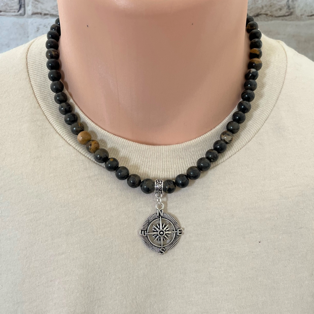 Mens Rhyolite Beaded Necklace with Silver Compass