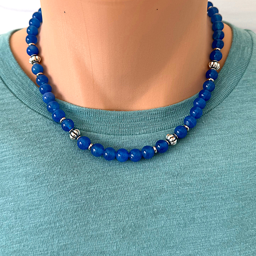 Mens Sapphire Blue Agate and Silver Beaded Necklace