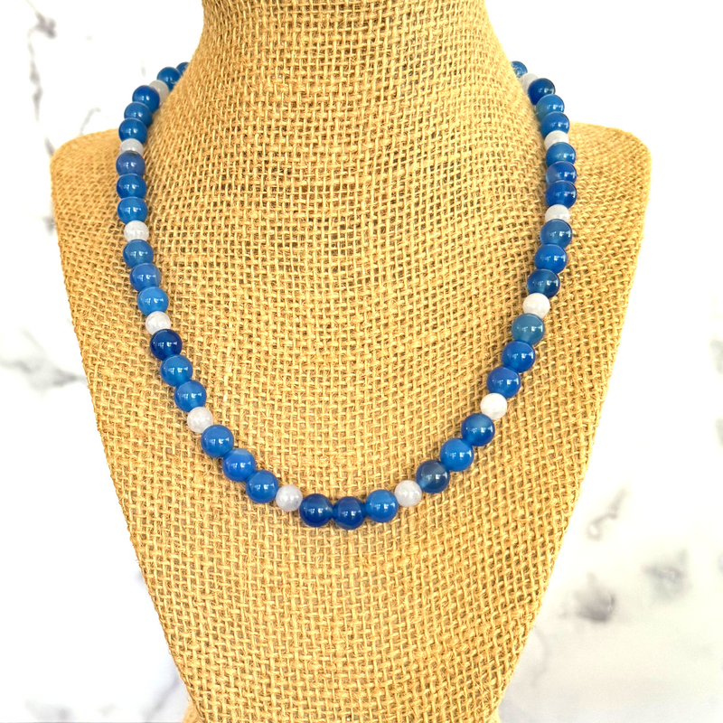 Mens Sapphire and Aquamarine Blue Agate Beaded Necklace 8mm 18"