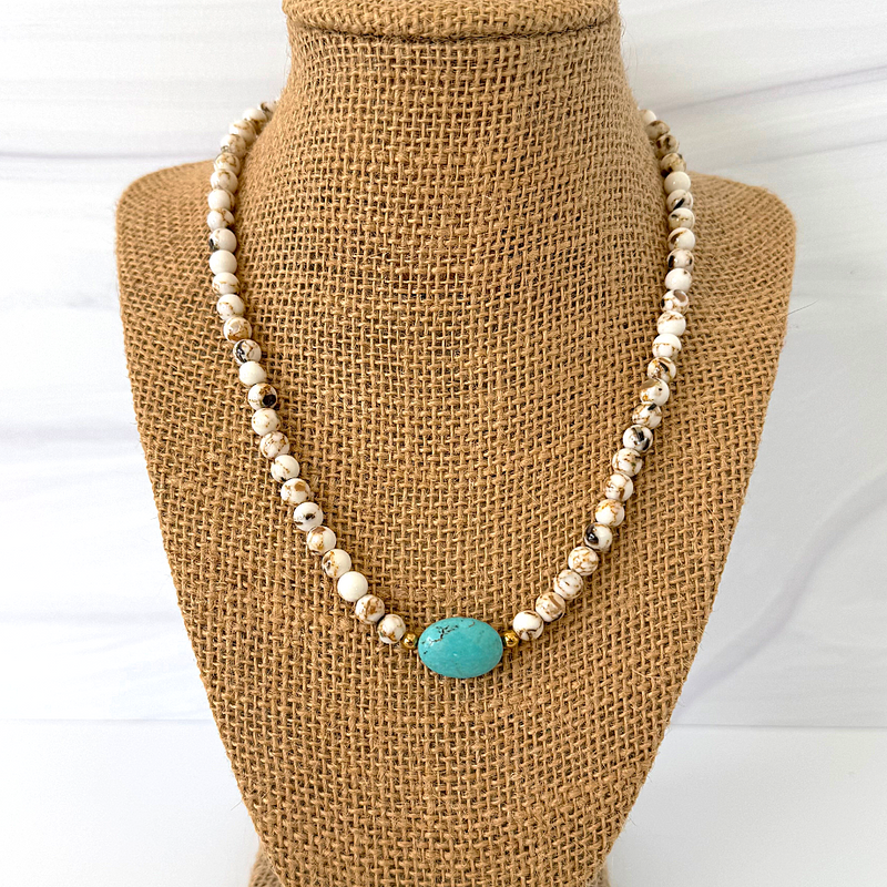 Mens6mm  White Howlite Shell and Turquoise Oval Magnesite Beaded Necklace - JaeBee