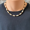 Mens White Howlite Heishi and Wood Necklace