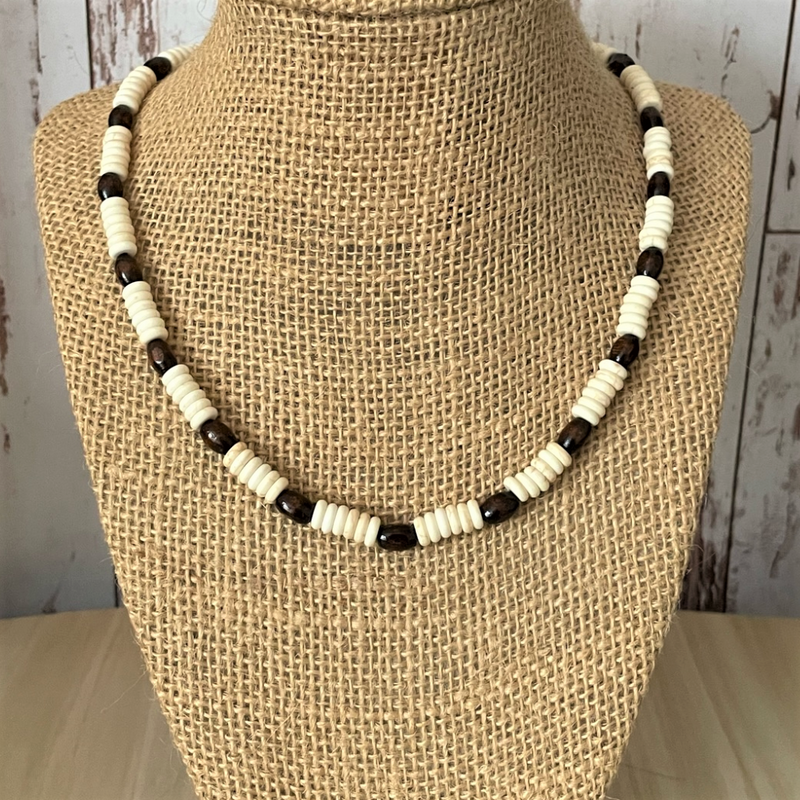 Mens White Magnesite Heishi and Wood Necklace 16".