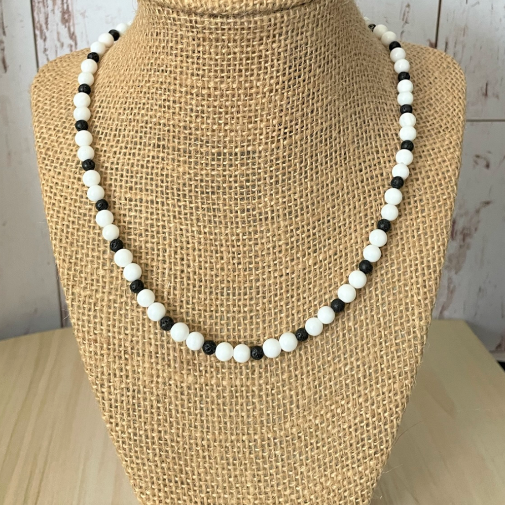 White Shell and Black Lava Mens Beaded Necklace