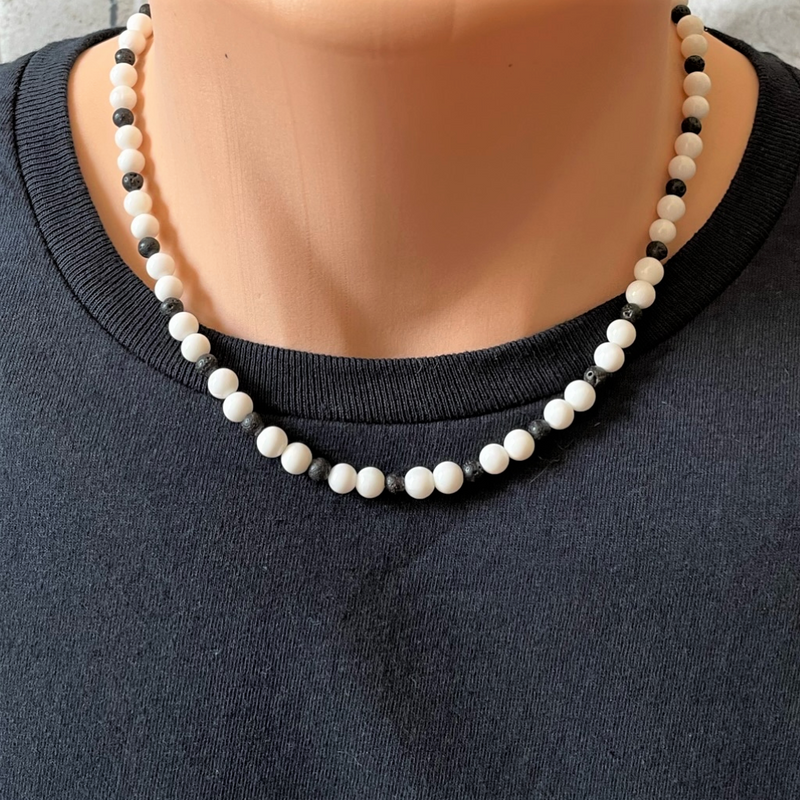 White Shell and Black Lava Mens Beaded Necklace