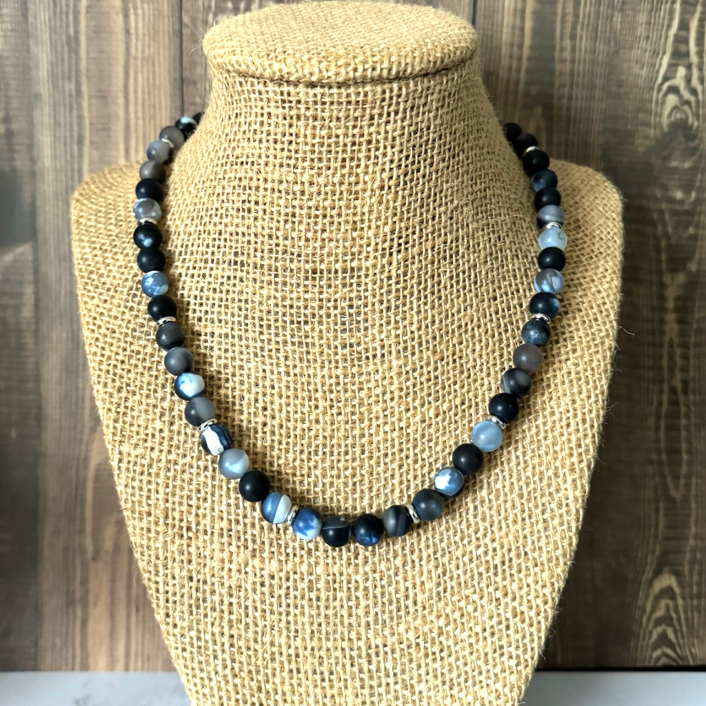 Mens Midnight Blue Matte Agate and Silver Necklace