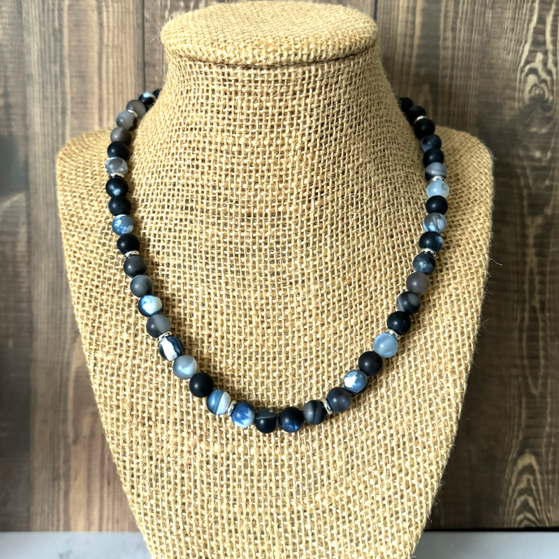 Mens Midnight Blue Matte Agate and Silver Necklace 20"