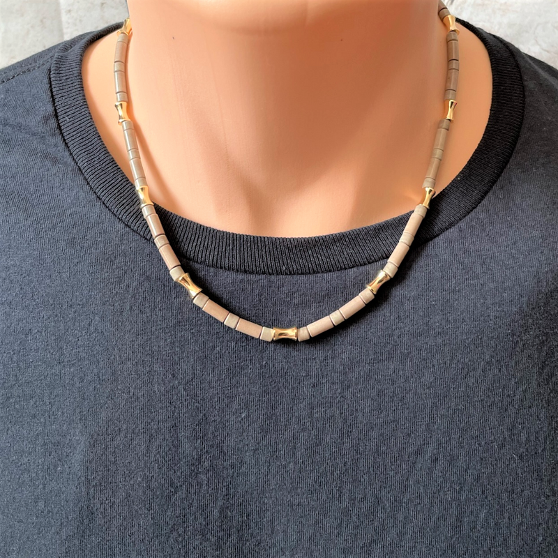 Mushroom Agate Tube Bead and Gold Metal Mens Necklace