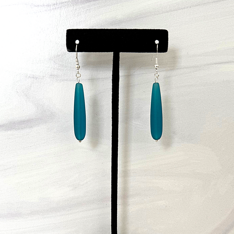Teal Sea Glass Long Dangle Earrings