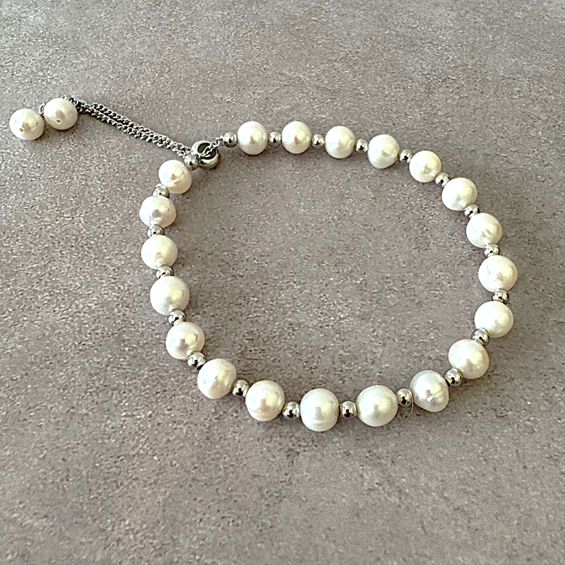 White Pearl and Sterling Silver Bolo Bracelet