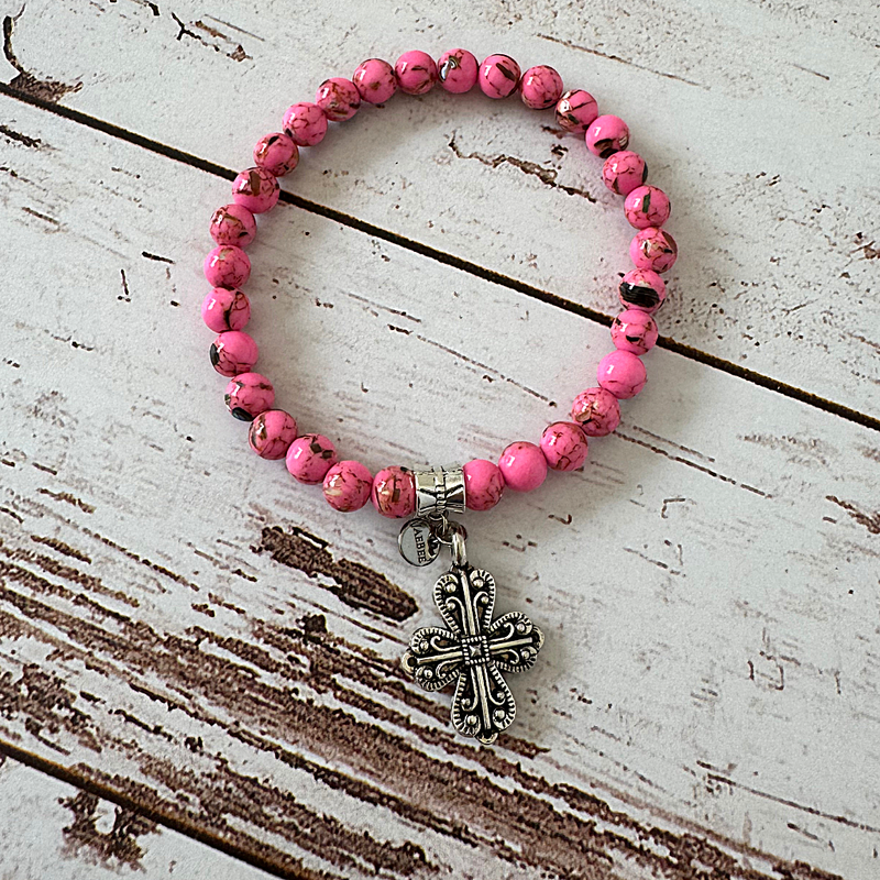 Pink Howlite Womens Bracelet with Silver Cross 7"