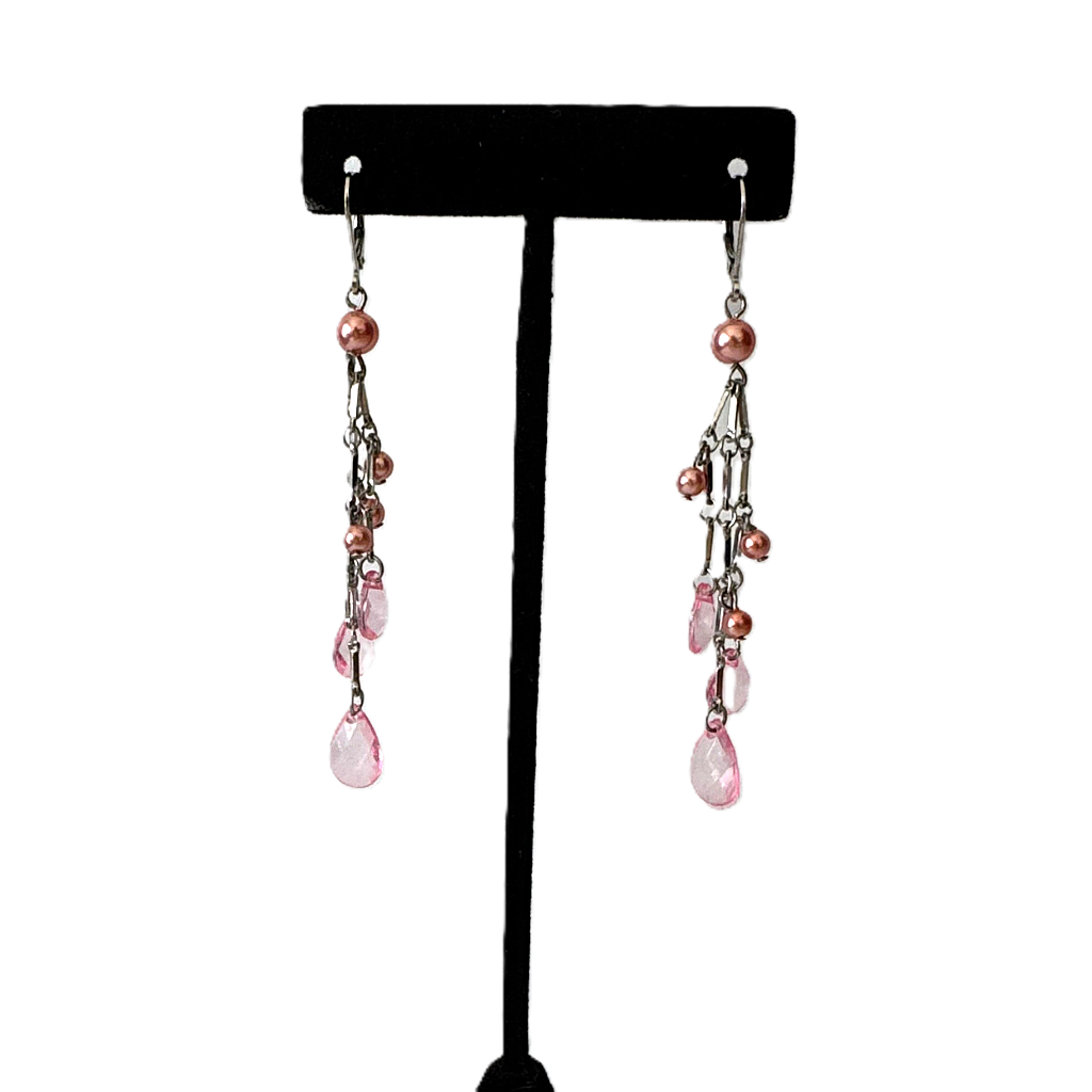 Sterling Silver Pink Beaded Long Earrings