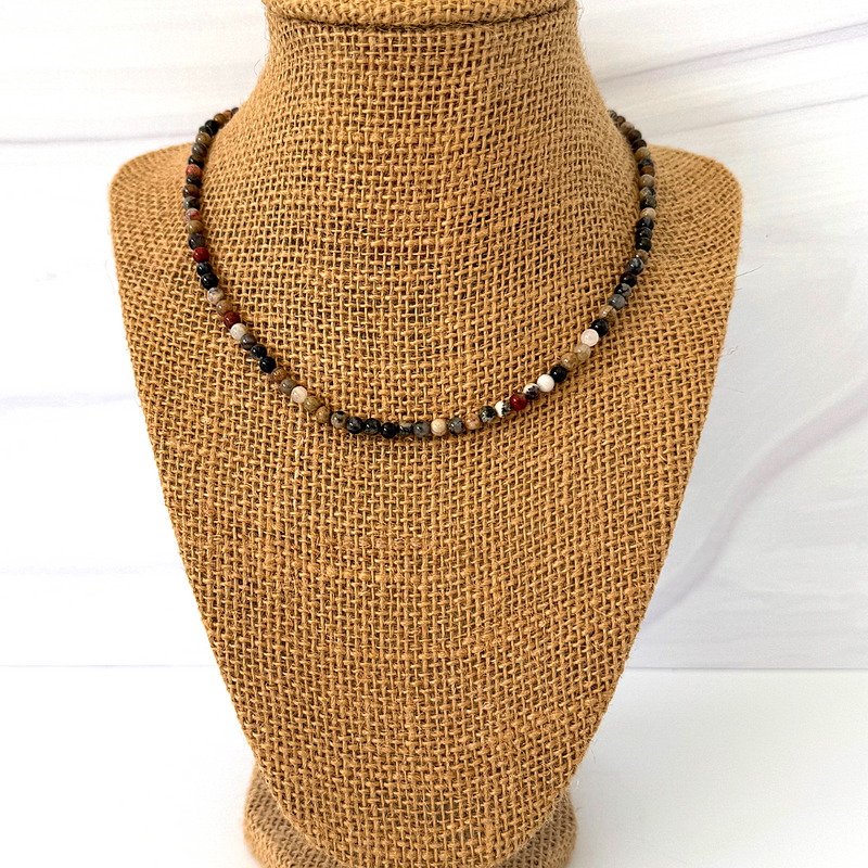 Mens Red Silver Leaf Agate 4mm Beaded Necklace, White, Beige, Brown, Red, Black.