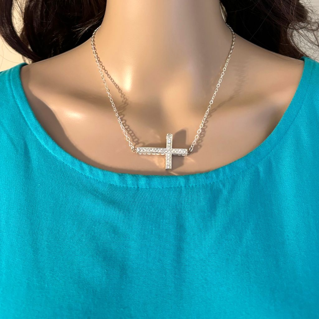 Silver Crystal Horizontal Cross Necklace