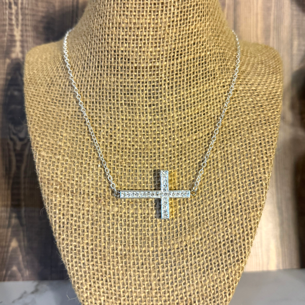 Silver Crystal Horizontal Cross Necklace