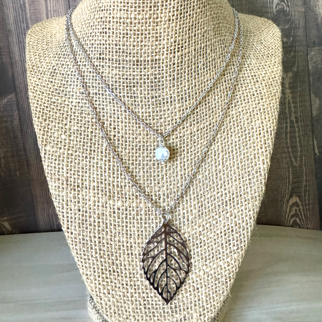Silver Cut Out Leaf and Pearl Layered Necklace