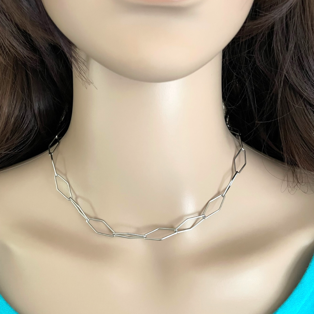 Silver Rhombus Paperclip Chain Necklace