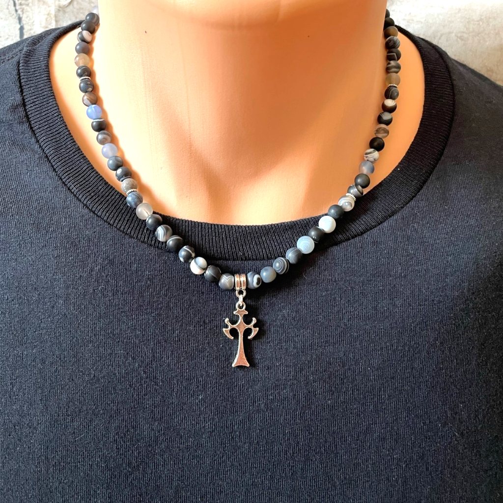 Mens Matte Blue Storm Line Agate Silver Cross Necklace