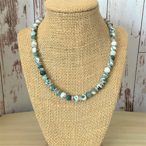 Tree Green Matte Agate and Silver Mens Beaded Necklace