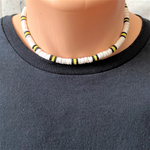 Mens White Black and Yellow Polymer Beaded Necklace