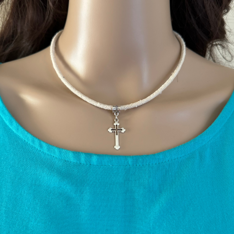 White Cord Silver Cut Out Cross Choker.