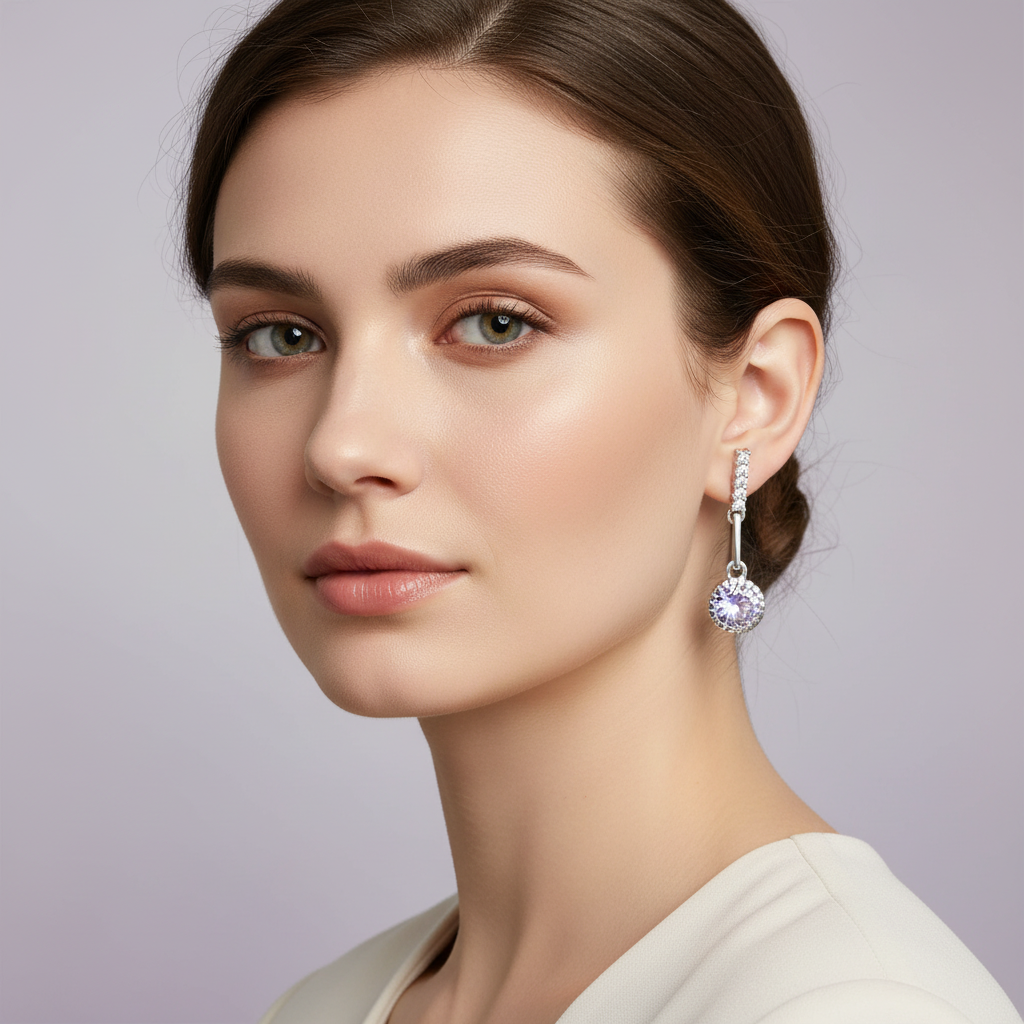Lavender Cubic Zirconia Dangle Earrings On A Woman Model.