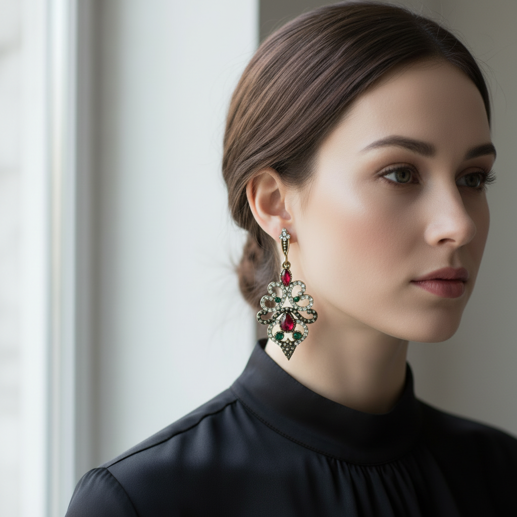 Red and Green Crystal Antique Gold Long Earrings On A Model.
