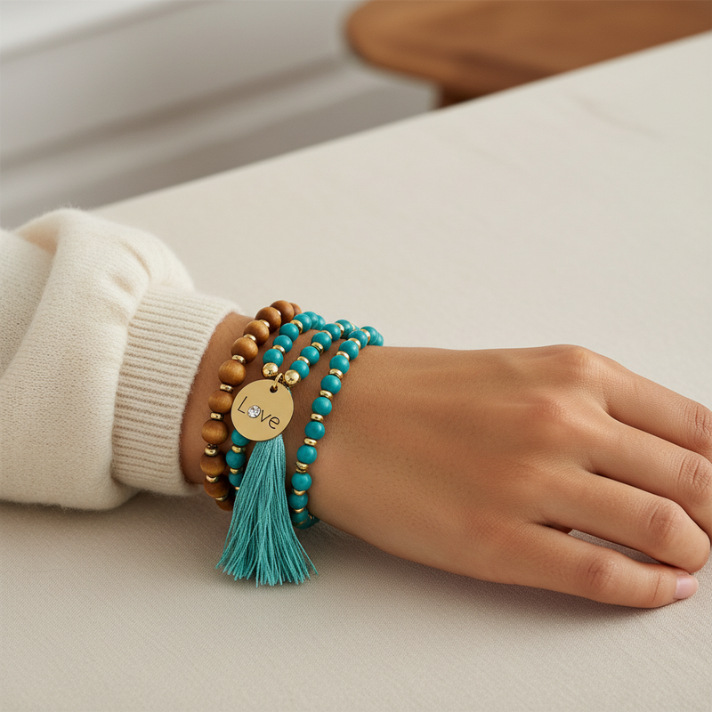 Lifestyle image of beaded bracelets on woman model