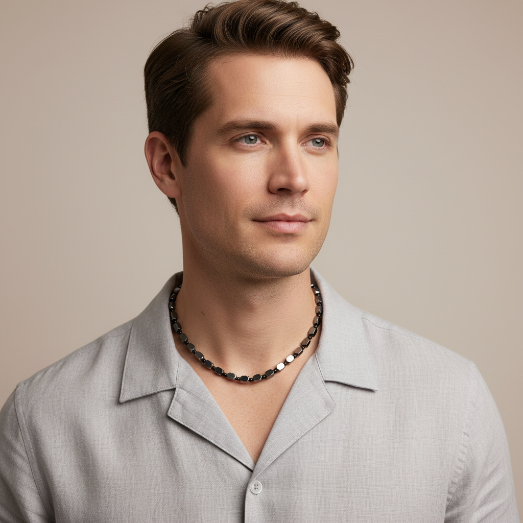 Mens Hematite Faceted Stone and Black Toho Beaded Necklace On A Man.
